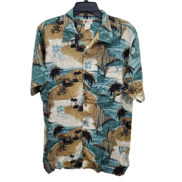 Cherokee Other - Cherokee‎ Waikiki Wear Vintage Men's Blue Tan Hawaiian Wood Button Up Shirt Sz M